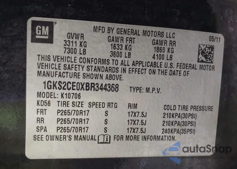 2011 GMC Yukon Slt from USA, damaged, VIN 1GKS2CE0XBR344368